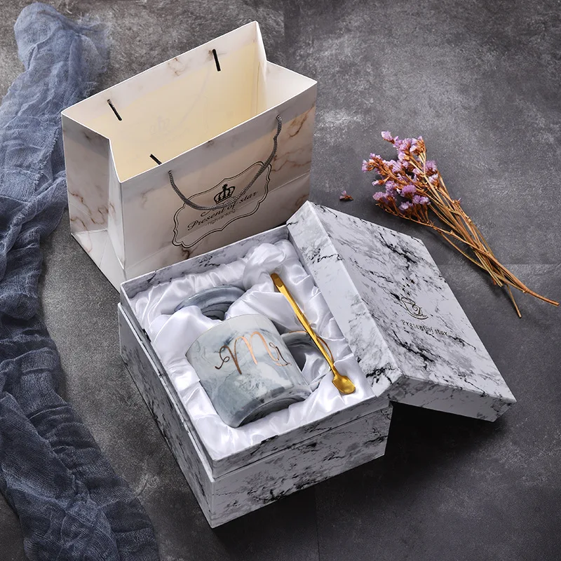Gift Set (Grey) 02 Мраморная керамика в европейском стиле кружка с позолоченными краями офисная кружка чашка для молока подарочный набор кофе для пары красивая кружка - Цвет: Gift Set (Grey) 02