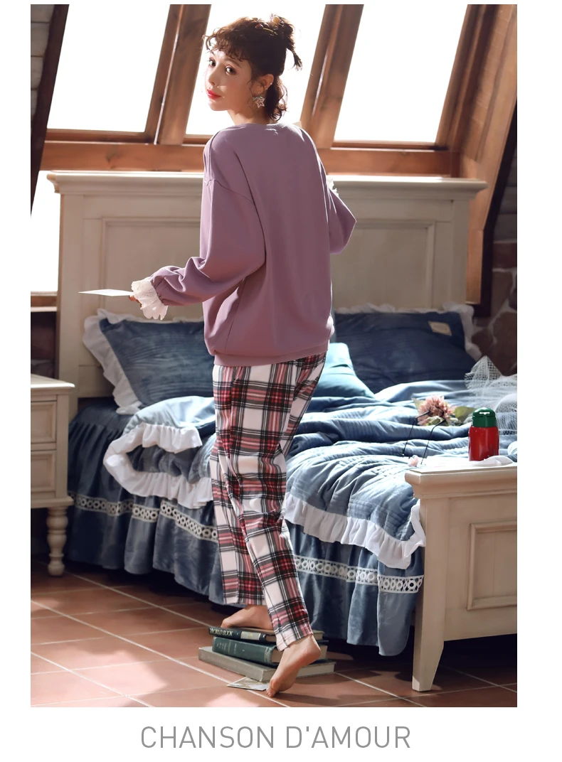Весенние женские с длинным рукавом Хлопок Домашняя одежда пижамы с круглым вырезом шеи ночное белье элегантный открытый пижамы