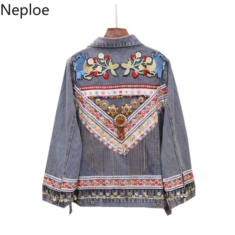 Neploe/джинсовая куртка в национальном стиле, с тяжелой вышивкой, bf, короткие, casaco feminino, модные, Лоскутные, с кисточками, chaqueta mujer, осень 46592
