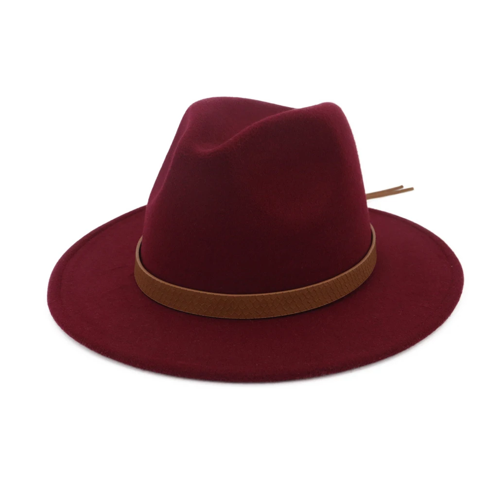 Wine Red Новая мужская женская шерстяная шляпа Fedora с поясом с широкими полями чародейная шляпа Панама джазовая, шляпа шляпка для церкви размер 56-58 см - Цвет: Wine Red