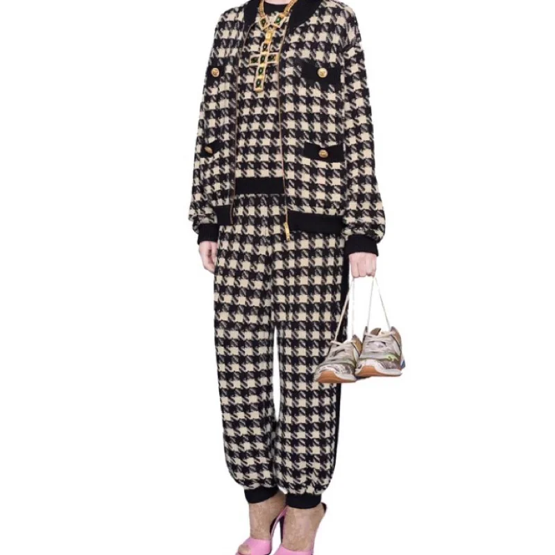 

2019Autumn/Winter Women Casual Cashmere Wool 2 Piece Set Short Sleeve Knitted pullover Sweater Houndstooth Jumper Knitted Pants