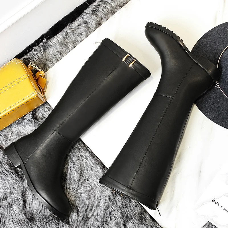Large size 34-43 women knee high boots buckle with zip Retro women's motorcycle boots thick fur warm winter snow boots