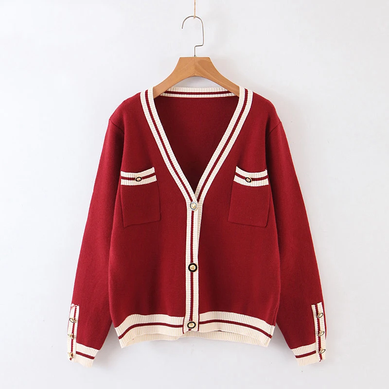AOEMQ свитера классические школьная форма для студентов осенние свитера Кардиган полосатый принт с карманами ручная работа женская одежда - Цвет: red