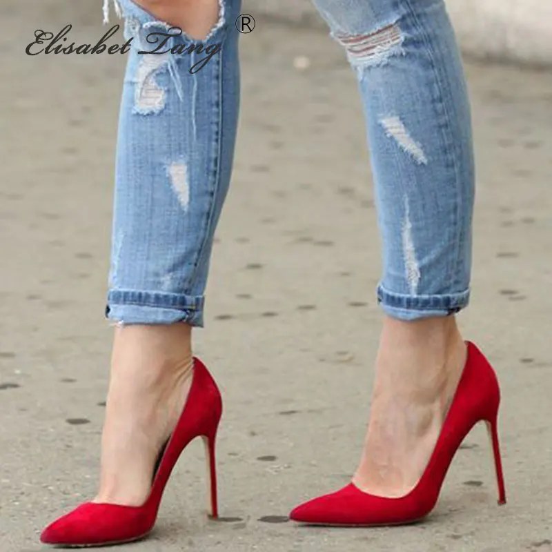 

ElisabetTang Flock Leather 12CM High Heels Basic Women Pumps Thin Heels Pointed Toe Party Wedding Slip On Fashion Shoes Woman