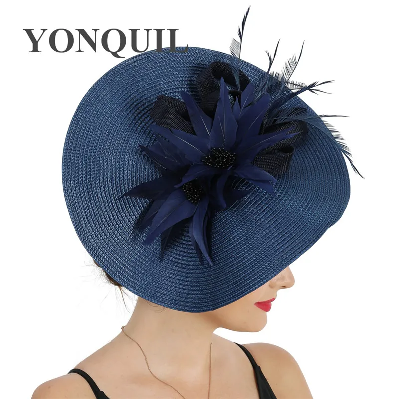 

New Imitation Straw Fashion Headwear Wedding Big Fascinator Hat Navy Headpiece Hair Band Elegant Ladies Women Formal Occasion