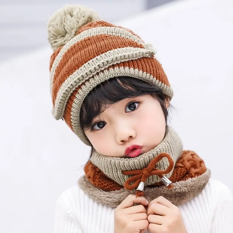 3pcs brown 2 шт./компл. Осенняя шерстяная однотонная Вельветовая шапка, на флисе, с шарфом, комплект для девочек и мальчиков на зиму, v-образный вырез, теплый вязаный зимний шарф для детей и взрослых флисовая шапка шарф - Цвет: 3pcs brown
