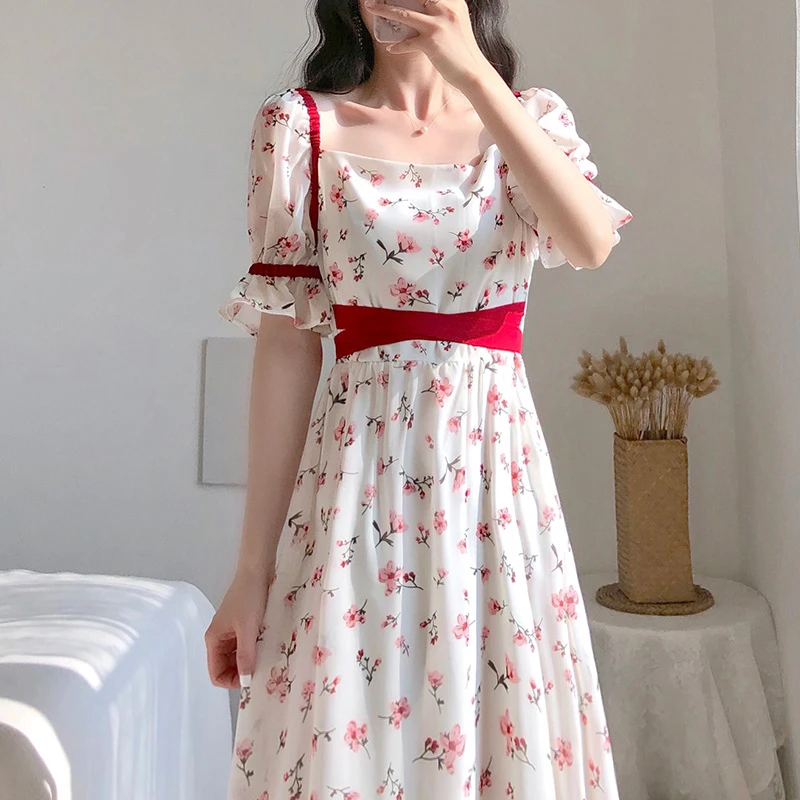 Summer Chiffon Floral Dress Women Midi ...