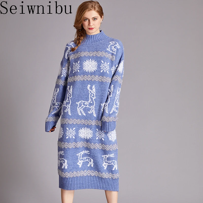 

Autumn Winter Dress Christmas Snowflake Pattern Deer Thick Warm Wool Knitted Loose Sweater Dresses Pullover Women vestidos