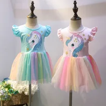 Летний Детский сарафан, Радужное платье с единорогом для девочек, милая одежда для малышей с рукавами-крылышками