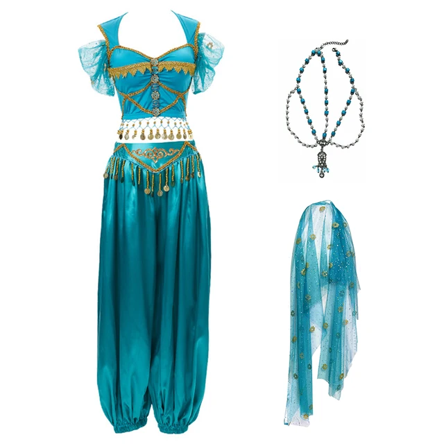 Festival Arabian Princess Costumes Indian Dance Embroider Bollywood Jasmine Costume Party Cosplay Jasmine Princess Fancy Outfit Blue 1 - 4pcs Set