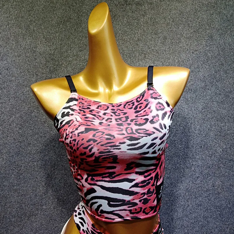 Топ для латинских танцев, юбка для латинских танцев, Одежда для танцев, современные танцевальные костюмы, платье для сальсы, леопардовая одежда без рукавов для танцев для женщин - Цвет: Pink leopard top