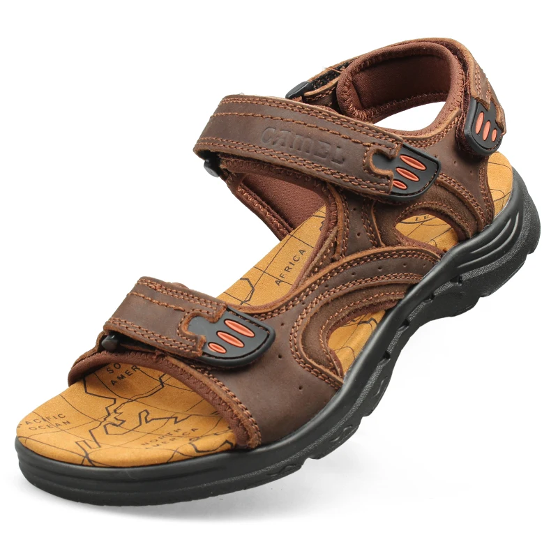 Брендовые мужские сандалии; летние шлепанцы из натуральной кожи; дышащая удобная Пляжная мужская повседневная обувь на липучке