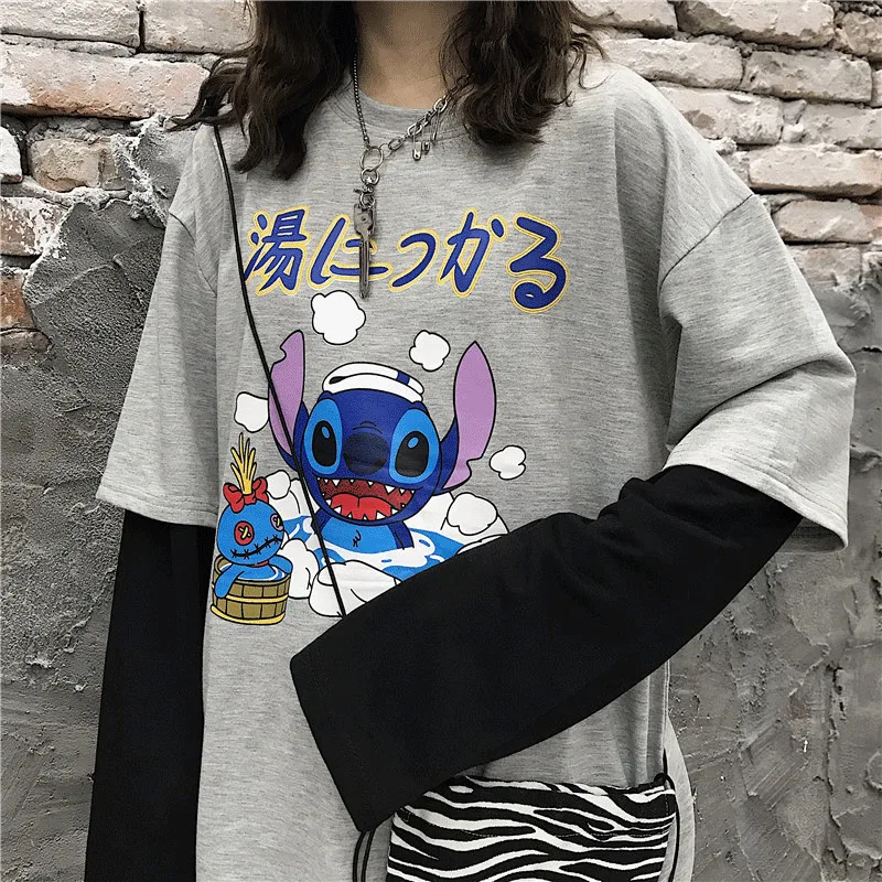 Для женщин Harajuku Винтаж футболка с длинным рукавом для девочек; корейский в стиле "петчворк" с надписями и принтом с О-образным вырезом, с эластичной резинкой на весну и зиму Топ Femme
