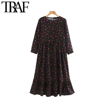 

TRAF Women Vintage Elegant Floral Print Pleated Midi Dress Fashion O Neck Long Sleeve Female Dresses Casual Vestidos Mujer