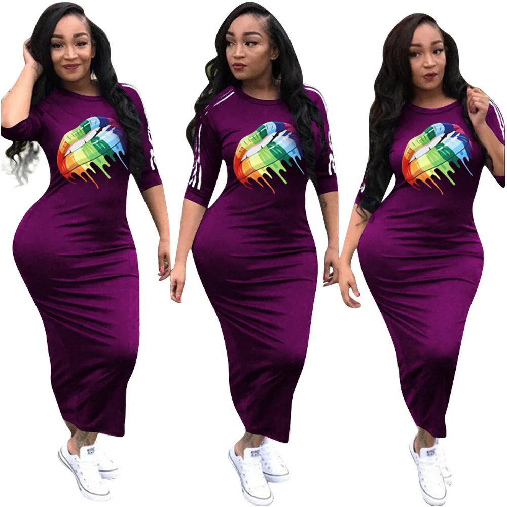 Повседневное Для женщин Bodycon платье летние модные разноцветные радужные губы офсетная печать обхват талии, обхват бедер, ужин платья для Для женщин vestidos mujer
