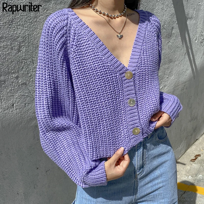 

Solid Knitted Cardigan For Women's Sweaters Pull Oversize 2020 Autumn Jumper Tops Button V Neck Cropped Coat female Rapwriter