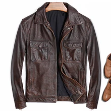 Заводская Новинка мужская коричневая модная мотоциклетная куртка из коровьей кожи настоящая ковбойская приталенная куртка маленького размера M-4XL