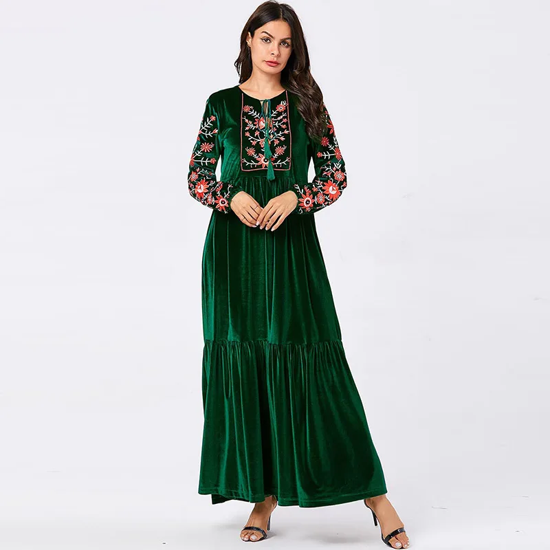 Европа и США Большие размеры женские халаты мусульманин Дубай индонезийская вышивка принцессы Vestido де молитва консервативное платье - Цвет: Зеленый