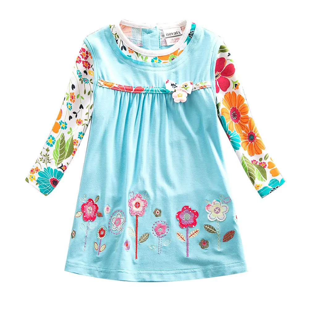 JUXINSU/Хлопковые платья с длинными рукавами и цветочным принтом для девочек повседневная одежда с вышивкой на осень и зиму для девочек; платье для девочек - Цвет: H2762-SkyBlue-2
