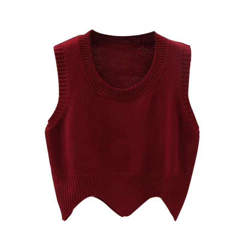 B Fashion Women's Sweater Vest Solid Colors Knit O Neck Sleeveless Short Pullover Sweater Vest Autumn Wavy Edge Warm Pullover - Цвет: 5