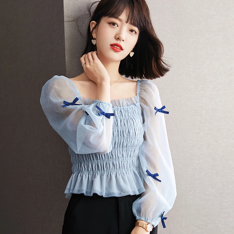 Xianqi-Blusa de manga larga con lazo para mujer, camisa elegante ajustada con cuello de cisne para otoño, a la moda - Ropa de mujer