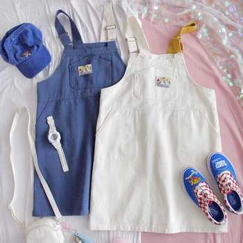

Women Summer New Denim Straps Short Skirt Teen Girls Small Fresh Loose Thin College Style Soft Sister Cartoon Print A-line skirt