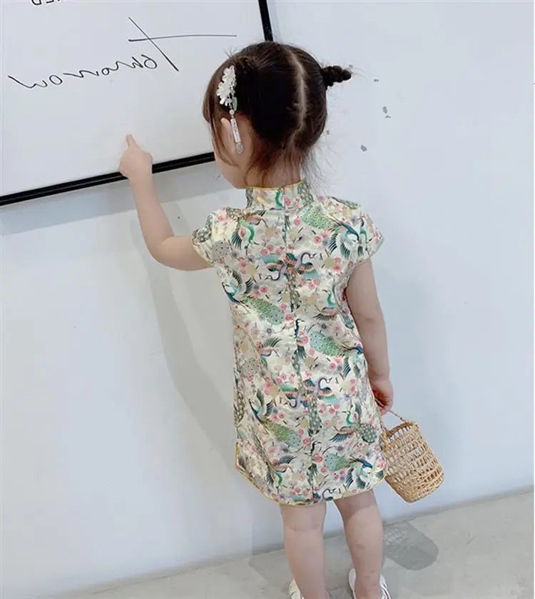 Китайское платье принцессы Cheongsam; летнее платье для маленьких девочек; детская одежда; милое хлопковое платье принцессы с короткими рукавами и цветочным рисунком