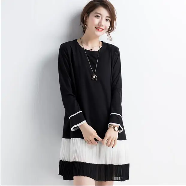 Lady Contrast Color Midi Loose Black T-shirt Dress Women Long Trumpet Sleeve O Neck Pleated Skirt Sukienki WZ118 | Женская одежда