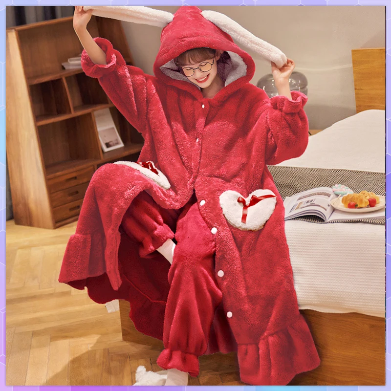 

Милый фланелевый женский пижамный комплект, халат, 2 предмета, плотная зимняя одежда для сна, теплый халат с бантом в виде животного, домашняя одежда с капюшоном, пижама