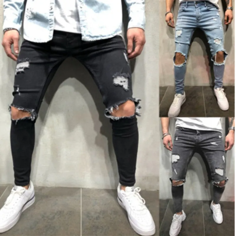 Уличной моды Для мужчин джинсы Винтаж синий, серый Цвет облегающие, рваные Рваные джинсы сломанной панковские штаны Homme в стиле «хип-хоп»