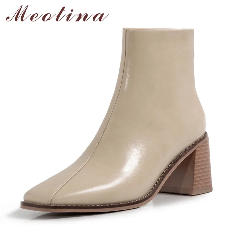 

Meotina Genuine Leather High Heel Ankle Boots Women Shoes Zipper Square Toe Thick Heels Short Boots Autumn Winter Apricot 33-40