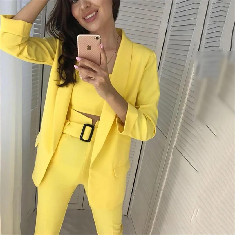 Taotrees Women's Solid Color Blazer Pant Suits Office Lady Jacket and Sling Tops and Trouser Workwear Three Piece Sets