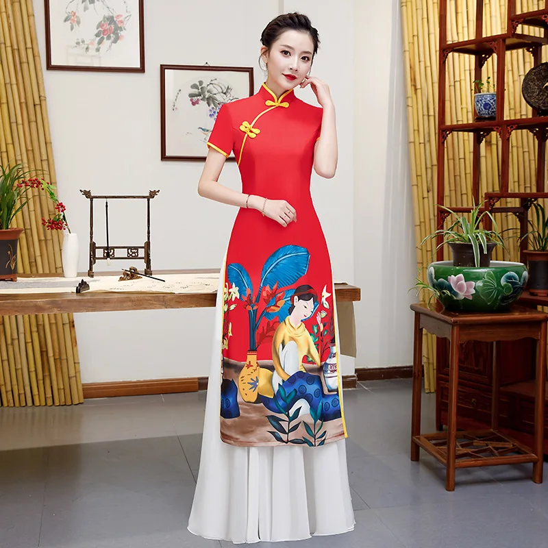 

Red AO Dai Evening Cheongsam Bride Party Dress Womens Floor-Length Noble Elegant Long Qipao Wedding Gown Clothes Vestido S-5XL