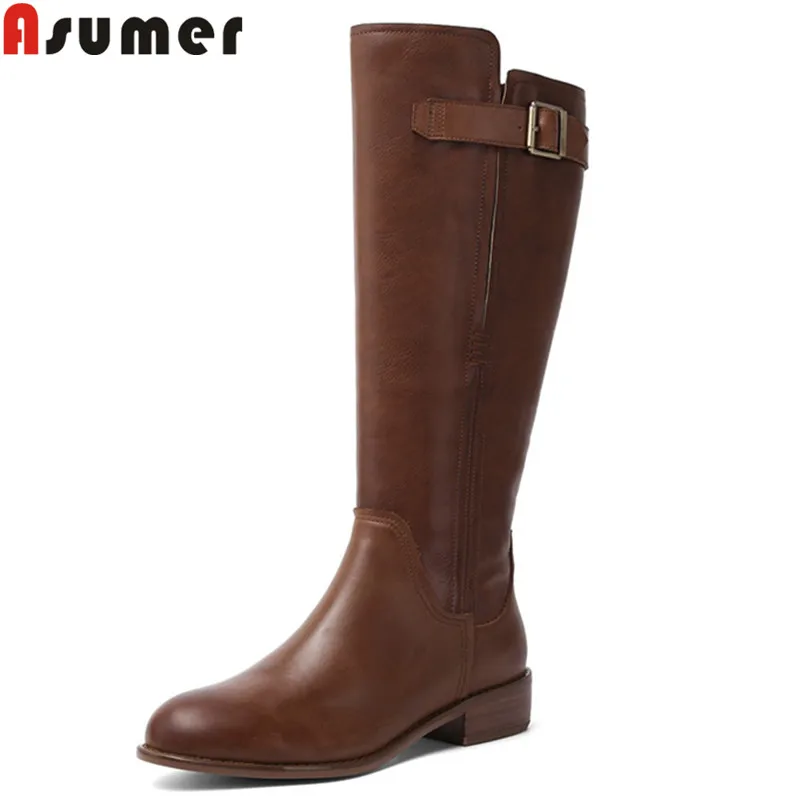 Asumer, большие размеры 34-43, модные сапоги до колена женские сапоги из pu искусственной кожи с круглым носком на молнии сапоги для верховой езды осень-зима на среднем каблуке