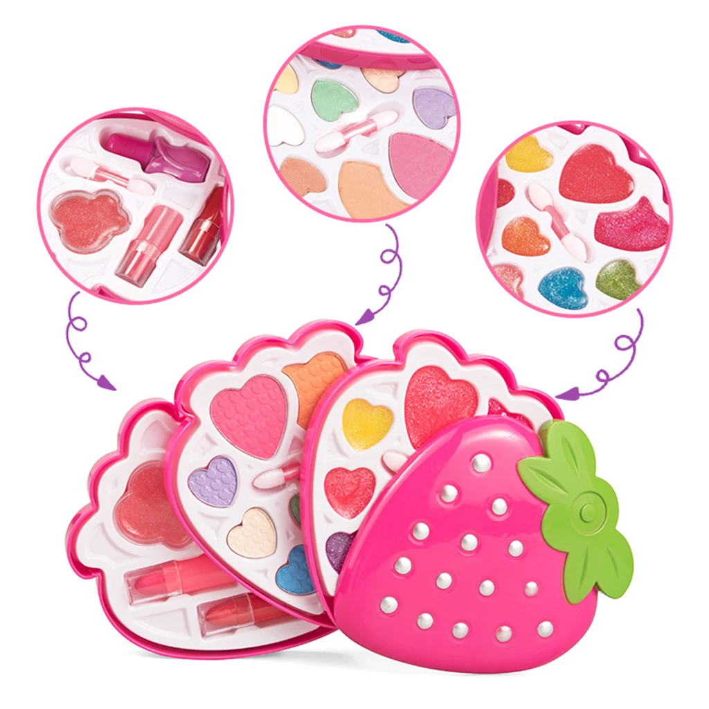 Strawberry Shape Makeup Kit For Girl W/ Lipstick Eye Shadow Cosmetics Set Cute Play Set Fashion Makeup Kit for Girls Toys