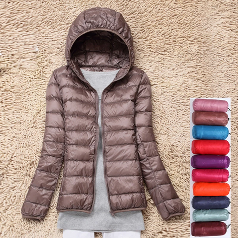 

Women White Duck Down Jacket Autumn Female Ultra Light Down Jackets Slim Solid Long Sleeve Hooded Parkas Candy Color Winter coat