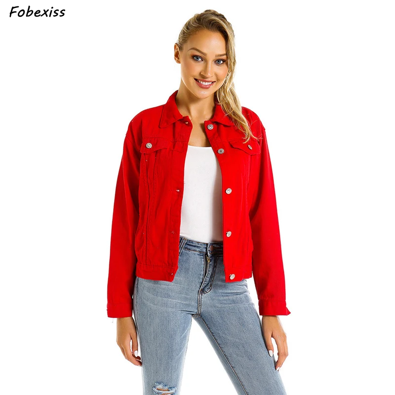 

Women Basic Coats Autumn 2019 Women Button Short Denim Jacket Red Denim Jacket Female Jeans Coat Casual Girls Outwear Ladies