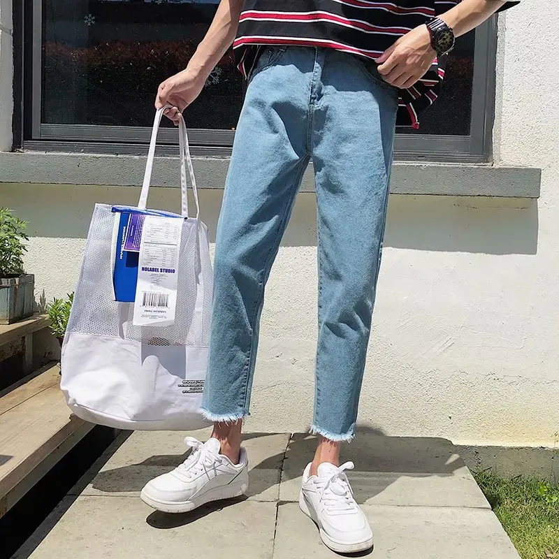 Reviews Summer Jeans Men's Slim Fashion Washed Solid Color Casual Straight Jean Pants Men Streetwear Wild Hip Hop Denim Trousers Mens