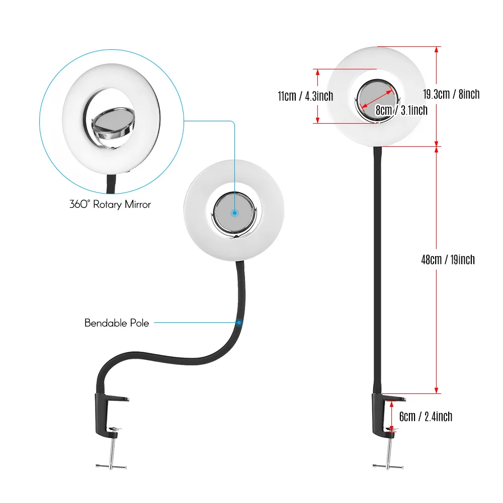 Tabletop 5500K LED Ring Video Light 24W Dimmable Fill Light with Makeup Mirror Deskclip Bendable Pole for Photo Video Lighting