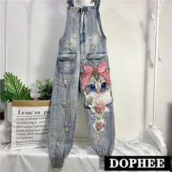 Monos vaqueros con estampado de gato de dibujos animados para mujer, petos rasgados con agujeros, pantalones vaqueros holgados con cuentas, pantalones largos informales para mujer