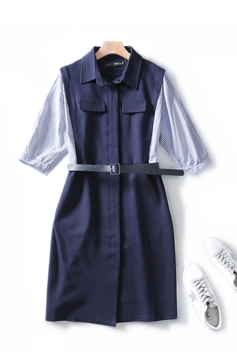 New Bat Sleeve Stitching Contrast Color Wide Belt Slimming Cardigan Dress Autumn And Winter Women Plus Size L-3XL