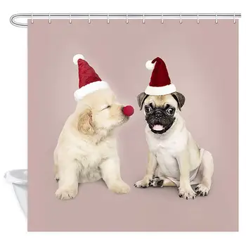 

Dog Shower Curtain, Labrador and Pug with Christmas Hat Shower Curtain Bathroom with Hooks, Waterproof Home Decor Curtain