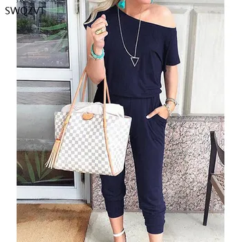 

New Arrival 2020 Spring Summer Fashion Oblique Shoulder Short-sleeved Pocket Rompers Women Jumpsuit Sexy Women Party Jumpsuit