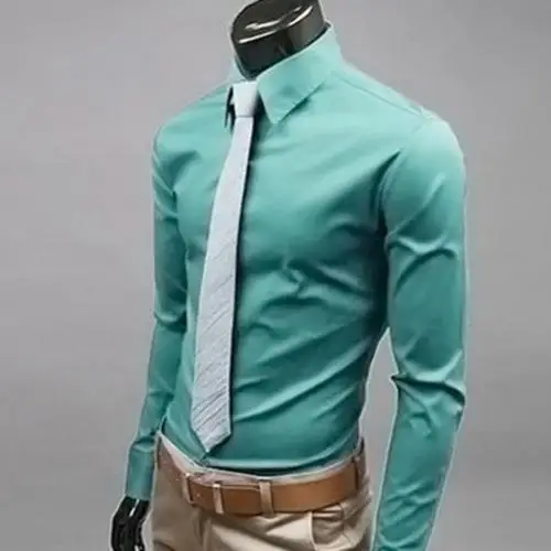 Модная мужская Однотонная рубашка с длинным рукавом и пуговицами, приталенный деловой Топ - Цвет: Зеленый