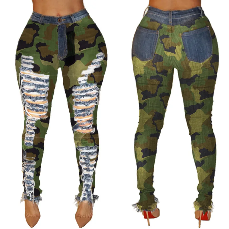 

Skinny Ripped Distressed Jeans For Women Camouflage High Waist Pencil Pants Scratched Burr Denim Trousers Calзas Jeans Feminina