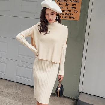 

Qiu dong han edition fashion new render unlined upper garment knitting dress cape coat two-piece web celebrity