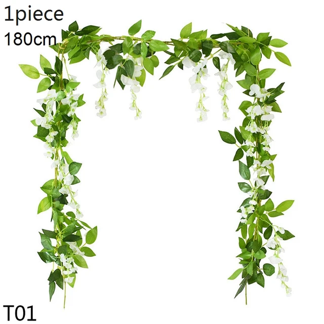Artificial Flowers Vine Garland Wisteria Silk Artificial Rattan Hanging Flowers Romantic Wedding Arch Decoration Fake Ivy Plants T01-white-1pcs