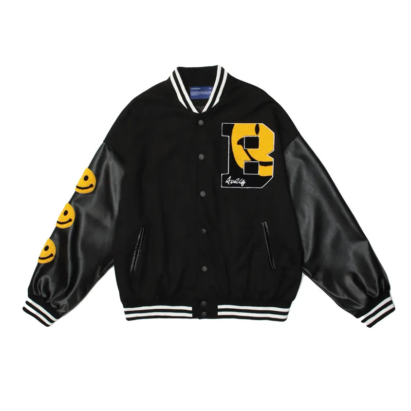 Hip Hop Baseball Jacket Coat Smiley Letter B Embroidery Patchwork Oversized Streetwear Bomber Varsity Fashion College Jacket