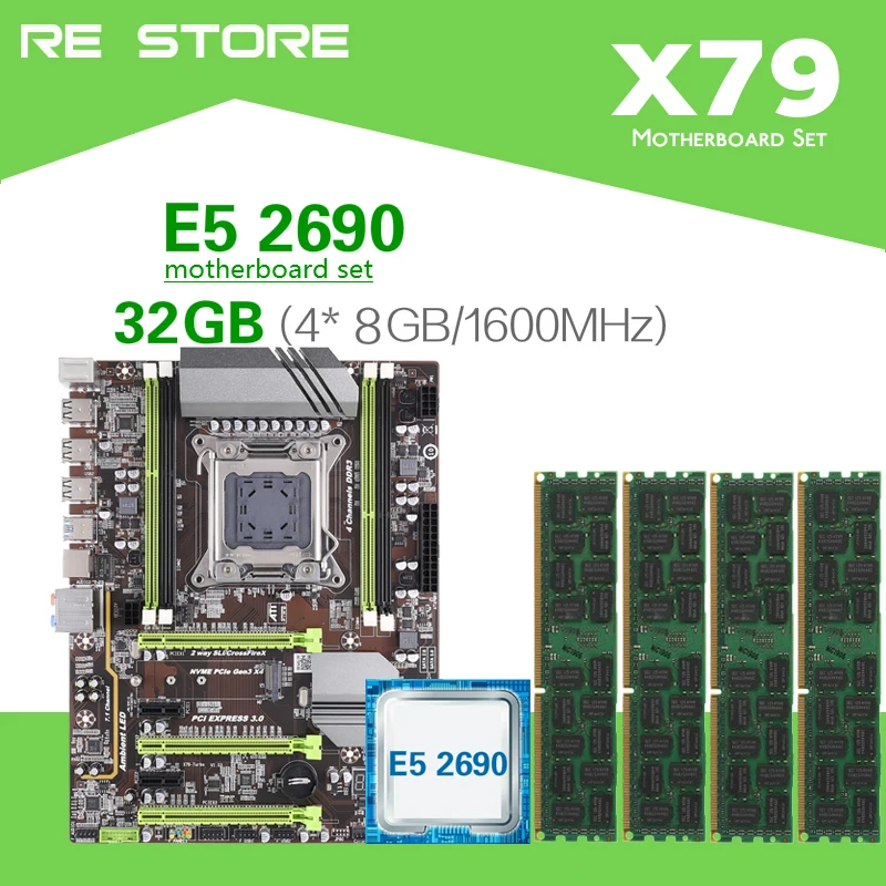 Комплект материнской платы Kllisre X79 с Xeon E5 2690 C2 4x8 ГБ = 32 Гб 1600 МГц DDR3 память ECC REG ATX USB3.0