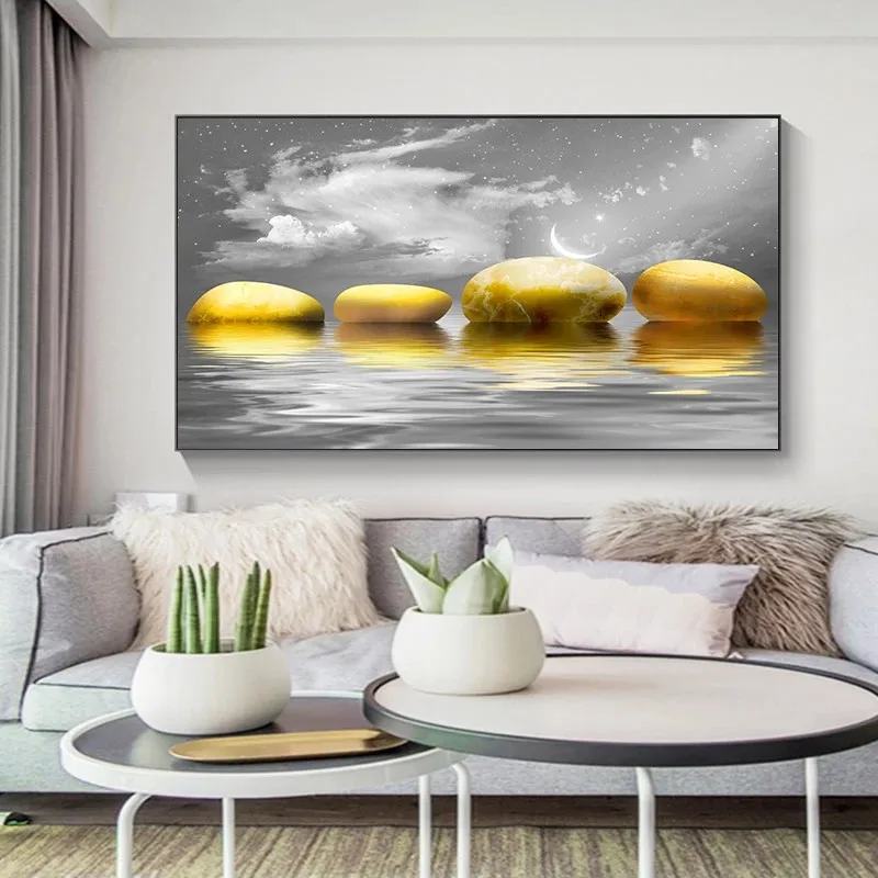 

Modern Minimalist Landscape Prints Lake and Stones Poster Golden Stone Wall Art Pictures for Living Room Home Decor